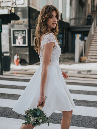 ショートウェディングドレス スクエアネック 半袖 Aライン 膝丈 ブライダルドレス