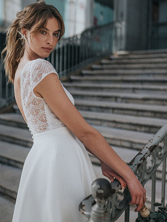 ショートウェディングドレス スクエアネック 半袖 Aライン 膝丈 ブライダルドレス