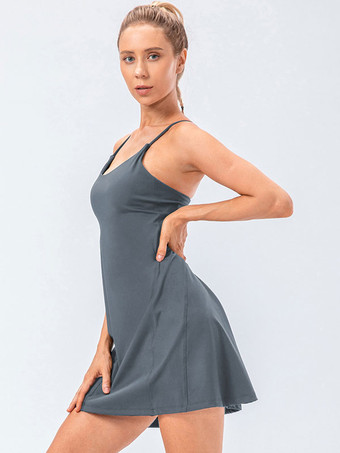 女性用テニスストラップドレスジュエルネックバックレスアクティブウェア