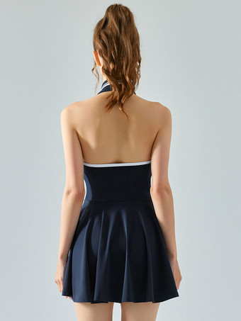 女性用テニスドレスノースリーブカラーブロックアクティブウェア