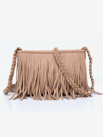 カーキ レディースバッグ コーヒーブラウン フェイクレザー 横型 クロスボディストラップ フリンジ ジッパー