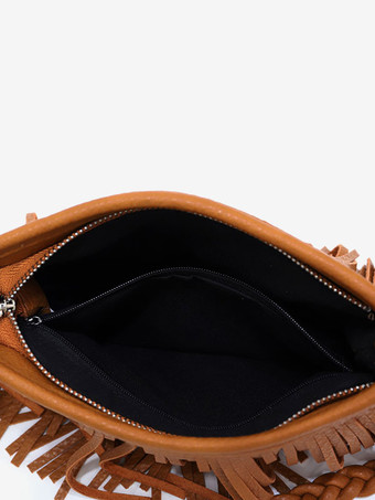 レディースバッグ コーヒーブラウン フェイクレザー 横型 クロスボディストラップ フリンジ ジッパー