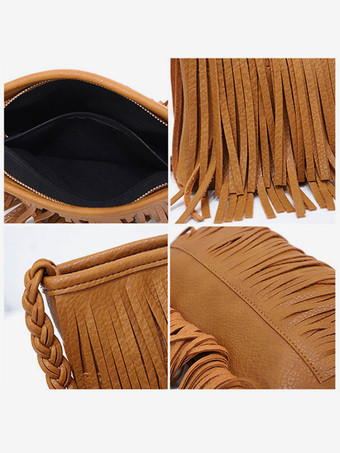 レディースバッグ コーヒーブラウン フェイクレザー 横型 クロスボディストラップ フリンジ ジッパー