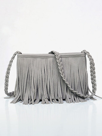 グレイレディースバッグ コーヒーブラウン フェイクレザー 横型 クロスボディストラップ フリンジ ジッパー