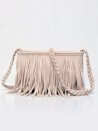 アイボリー レディースバッグ コーヒーブラウン フェイクレザー 横型 クロスボディストラップ フリンジ ジッパー