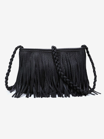 ブラック レディースバッグ コーヒーブラウン フェイクレザー 横型 クロスボディストラップ フリンジ ジッパー