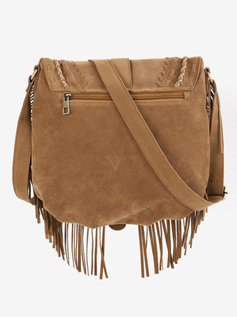 レディース バッグ カーキ フェイク スエード ラウンド 調節可能なストラップ フリンジ ジッパー