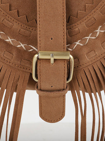 レディース バッグ カーキ フェイク スエード ラウンド 調節可能なストラップ フリンジ ジッパー