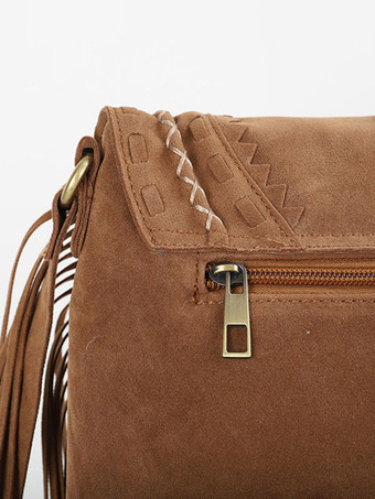 レディース バッグ カーキ フェイク スエード ラウンド 調節可能なストラップ フリンジ ジッパー