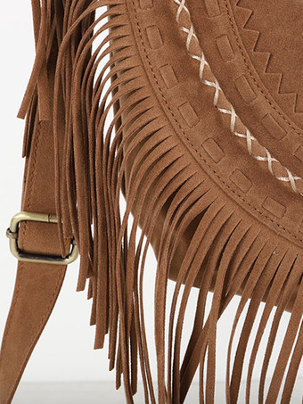 レディース バッグ カーキ フェイク スエード ラウンド 調節可能なストラップ フリンジ ジッパー