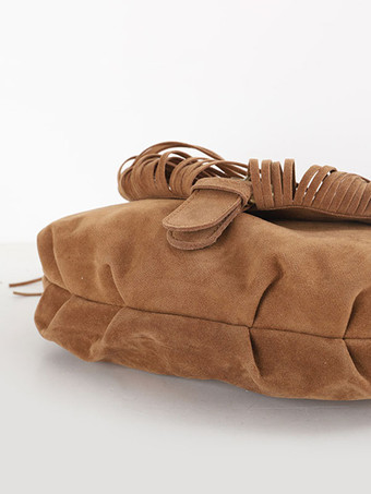 レディース バッグ カーキ フェイク スエード ラウンド 調節可能なストラップ フリンジ ジッパー