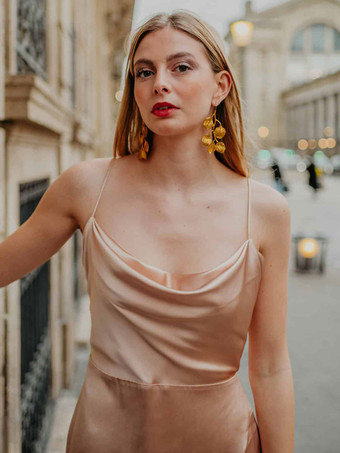 肌色ブライドメイドドレス 弾性シルクのようなサテン Aライン スイープ ウェディングパーティードレス