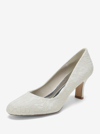 アイボリーウェディングシューズ ブライダル パンプス レース ラウンドトゥ 刺繍