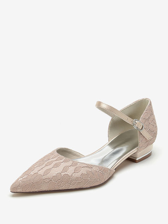 シャンパンカラーブライダルシューズ ブライダルフラット ポインテッドトゥ 刺繍