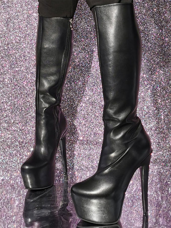 レディース PU レザー プラットフォーム スティレットヒール ニーハイ ブーツ