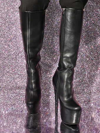 レディース PU レザー プラットフォーム スティレットヒール ニーハイ ブーツ