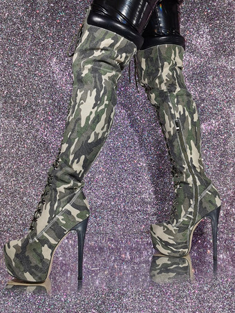 Hunter GreenWomen's Over The Knee Boots Round Toe Stiletto Heel Platform Canvas