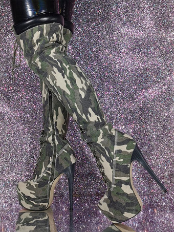 Women's Over The Knee Boots Round Toe Stiletto Heel Platform Canvas