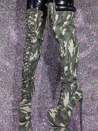 Women's Over The Knee Boots Round Toe Stiletto Heel Platform Canvas