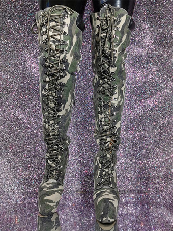 Women's Over The Knee Boots Round Toe Stiletto Heel Platform Canvas