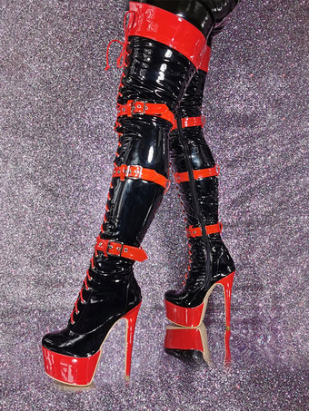 Cuissardes Talon Aiguille Chaussures Femme Sexy Noir Rouge À Lacet