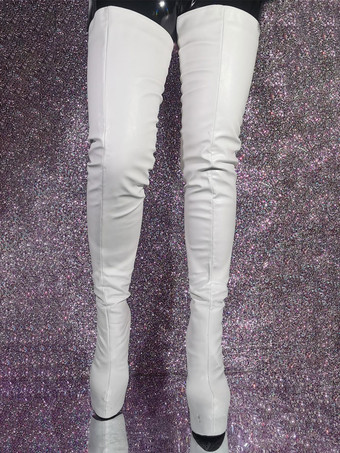 ホワイトのセクシーなオーバーニーブーツ スティレットヒール サイハイブーツ