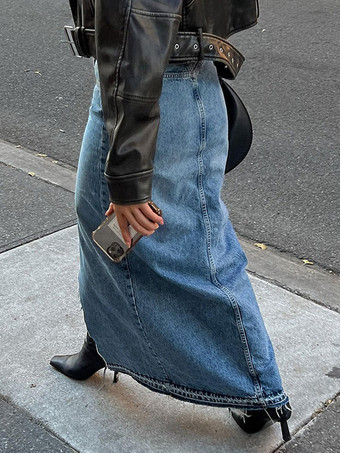 女性スカート ブルー フリンジ デニム ロング レディース ボトムス