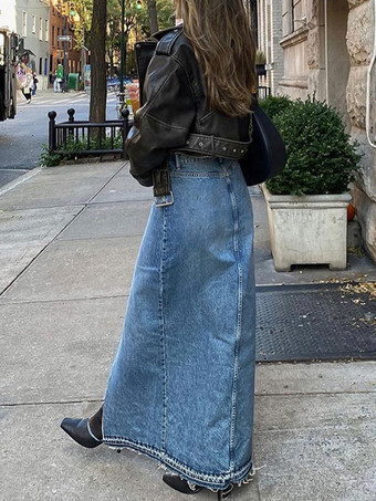 女性スカート ブルー フリンジ デニム ロング レディース ボトムス