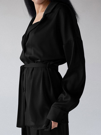 ブラック パジャマセット コーヒーブラウン サッシュ 室内用特大シルク調ランジェリー