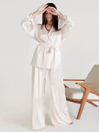 アイボリー パジャマセット コーヒーブラウン サッシュ 室内用特大シルク調ランジェリー