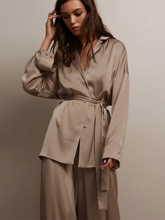 パジャマセット コーヒーブラウン サッシュ 室内用特大シルク調ランジェリー