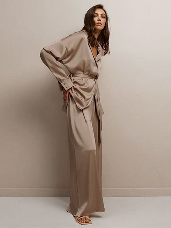 パジャマセット コーヒーブラウン サッシュ 室内用特大シルク調ランジェリー