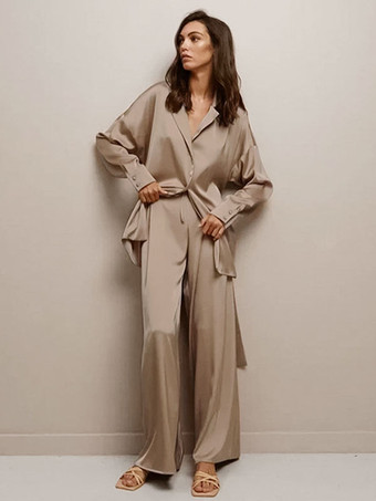 Pajama Sets Coffee Brown Sash Indoor Oversized Silk-like Lingerie