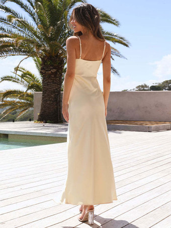 サマードレス ストラップネック スプリットフロント ハイスリット ベージュ ロング プロムドレス