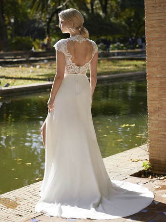 アイボリーのツーピースウェディングドレス、レース、ジュエルネック、Aライン、トレーン付き、バックレス、ショートスリーブ、ブライダルセット、無料カスタマイズ