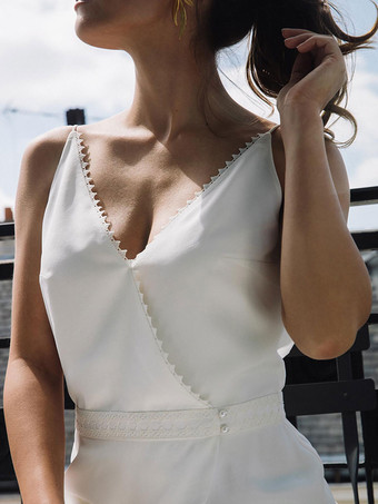 アイボリーボヘミアンウェディングドレスレーススプリットフロントAライントレーンバックレスノースリーブVネックブライダルドレス無料カスタマイズ