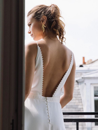 アイボリーボヘミアンウェディングドレスレーススプリットフロントAライントレーンバックレスノースリーブVネックブライダルドレス無料カスタマイズ