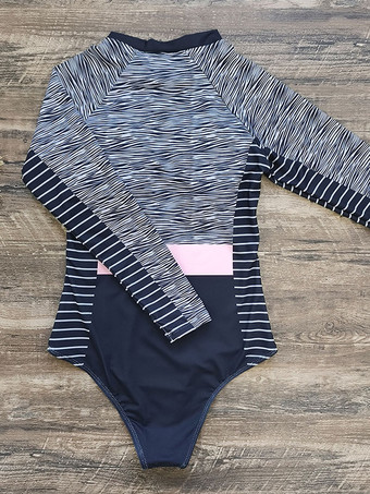 女性ワンピース水着ブラックカラーブロックジッパージュエルネックストレッチサマービーチ水着