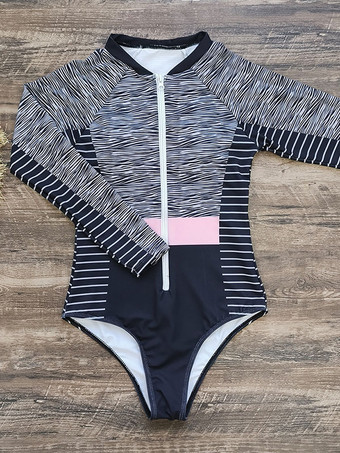 女性ワンピース水着ブラックカラーブロックジッパージュエルネックストレッチサマービーチ水着