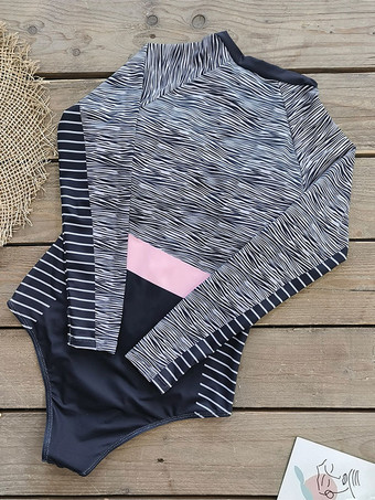 女性ワンピース水着ブラックカラーブロックジッパージュエルネックストレッチサマービーチ水着