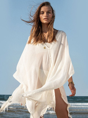 女性のためのカバーアップ ホワイト V ネック 7/4 袖オーバーサイズ夏ビーチ水着