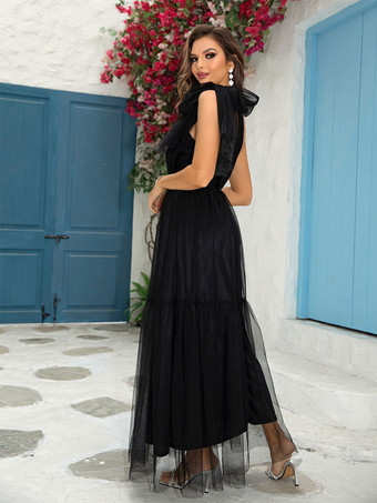 プロム マキシ ドレス ブラック ワンショルダー プリーツ ノースリーブ セミフォーマル ドレス