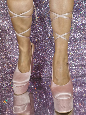 サテン プラットフォーム スリングバック レースアップ ハイヒール