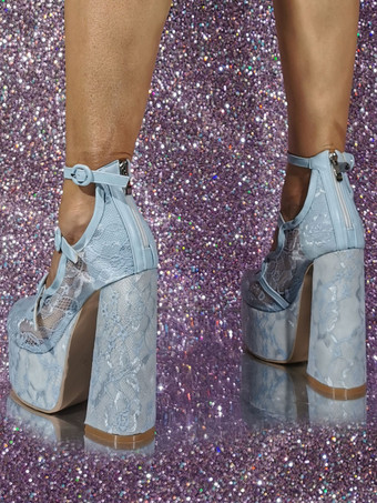 レースプラットフォームパンプス女性ラウンドトゥバックルディテールストラップハイヒール