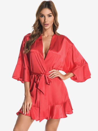 レッド ローブ シルクのようなフリル ランジェリー