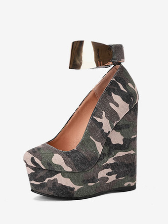 ハンターグリーン レディース ウェッジヒール セクシー シューズ ラウンドトゥ テキスタイル ウェッジ