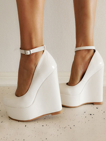 レディース ウェッジヒール セクシー シューズ ラウンドトゥ パテントレザー ウェッジ