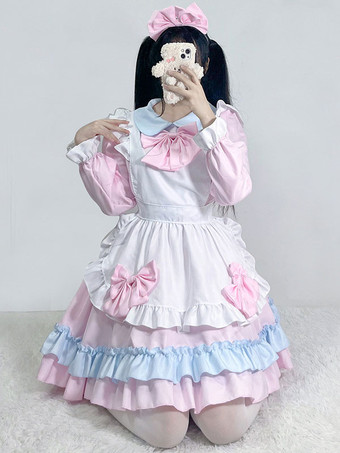 ピンクのメイドロリータドレスポリエステル長袖ドレス
