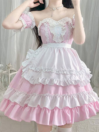 Sweet Maid Lolita Dress Abito Lolita senza spalline in poliestere multi volant