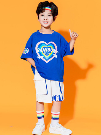 ブルー ヒップホップ ダンス衣装 子供 ブルー メンズ ダンサー トップ パンツ セット ポリエステル ストリート ダンス衣装